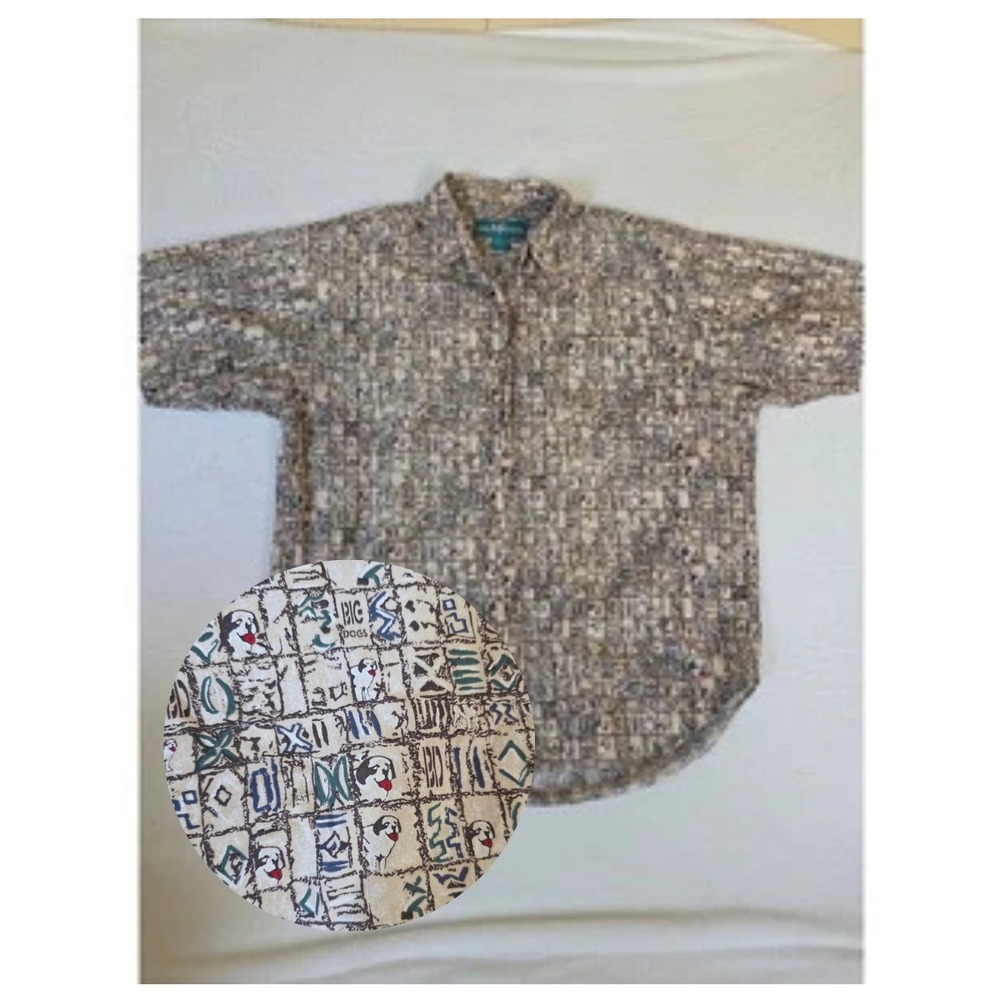 Vintage Big Dogs Button Up Shirt Tribal Dog Print Large Tan 90s Dad Shirt Cotton
